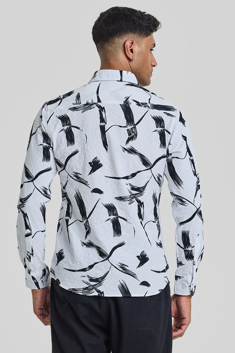 White Abstract Printed Slim Fit Shirt