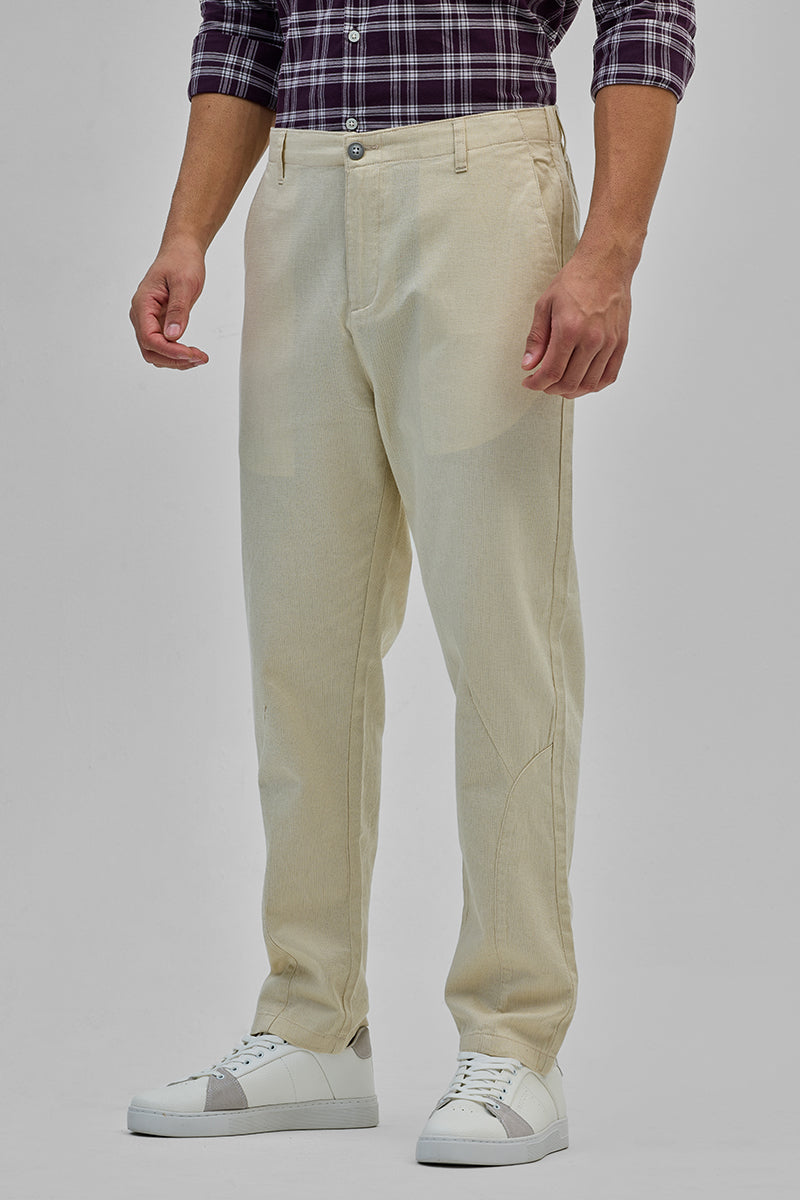 Cream Textured Relaxed Fit Trousers