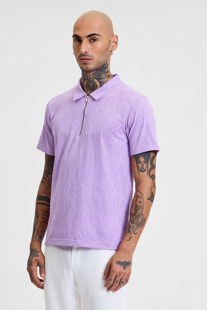 Lavender Self-Design Zipper Polo T-Shirt