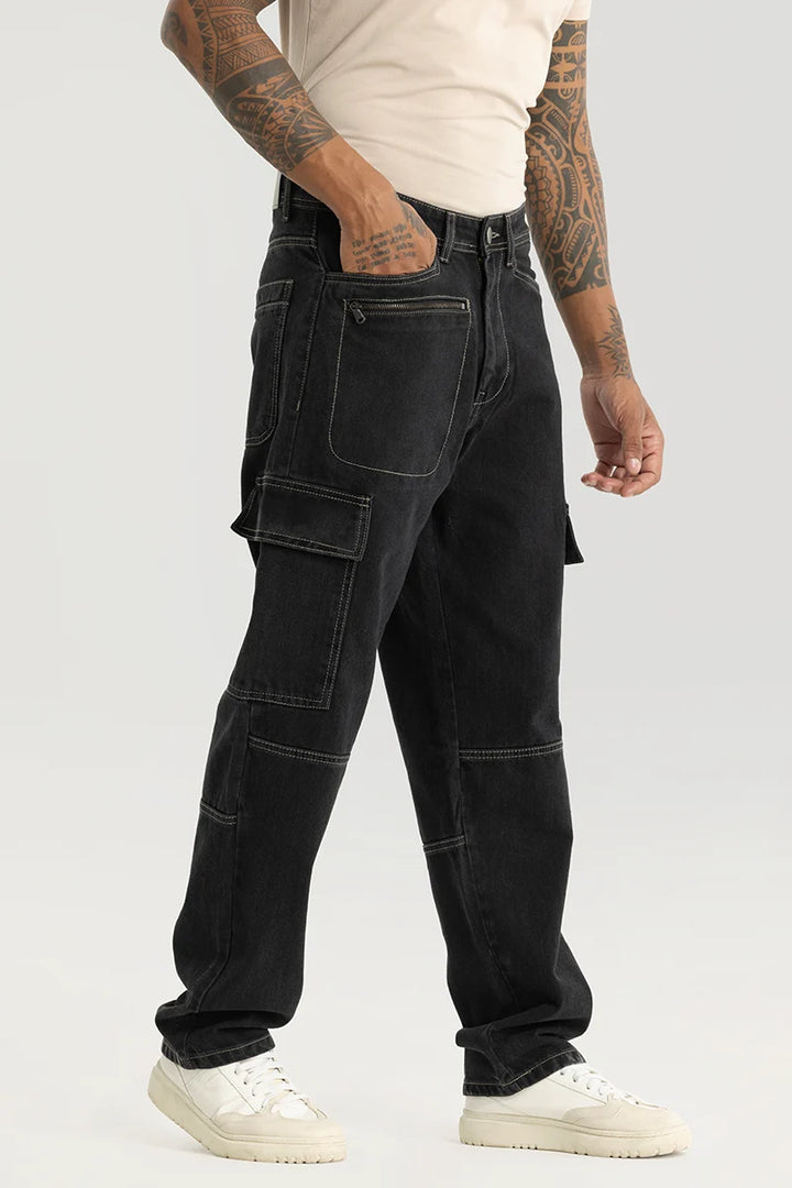 Empyrean Black Plain Straight Fit Cargo Jeans