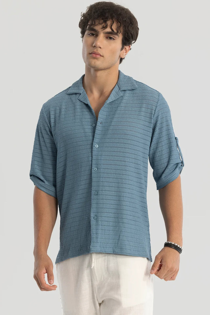 Blue Self-Design Cuban Shirt