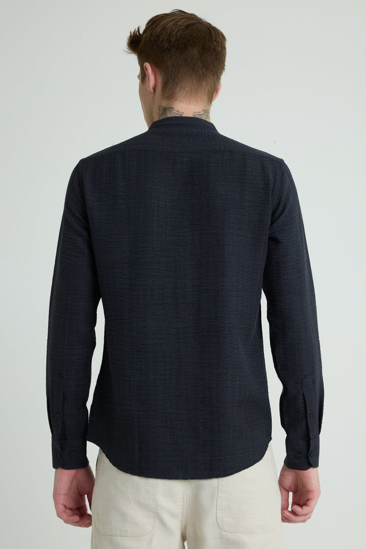 Navy Mandarin Self Stripe Shirt