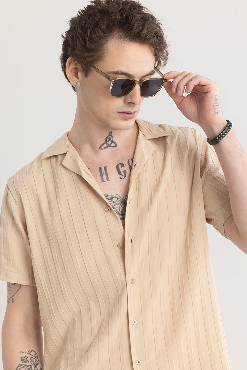 Stripariffic Beige Self-Design Shirt