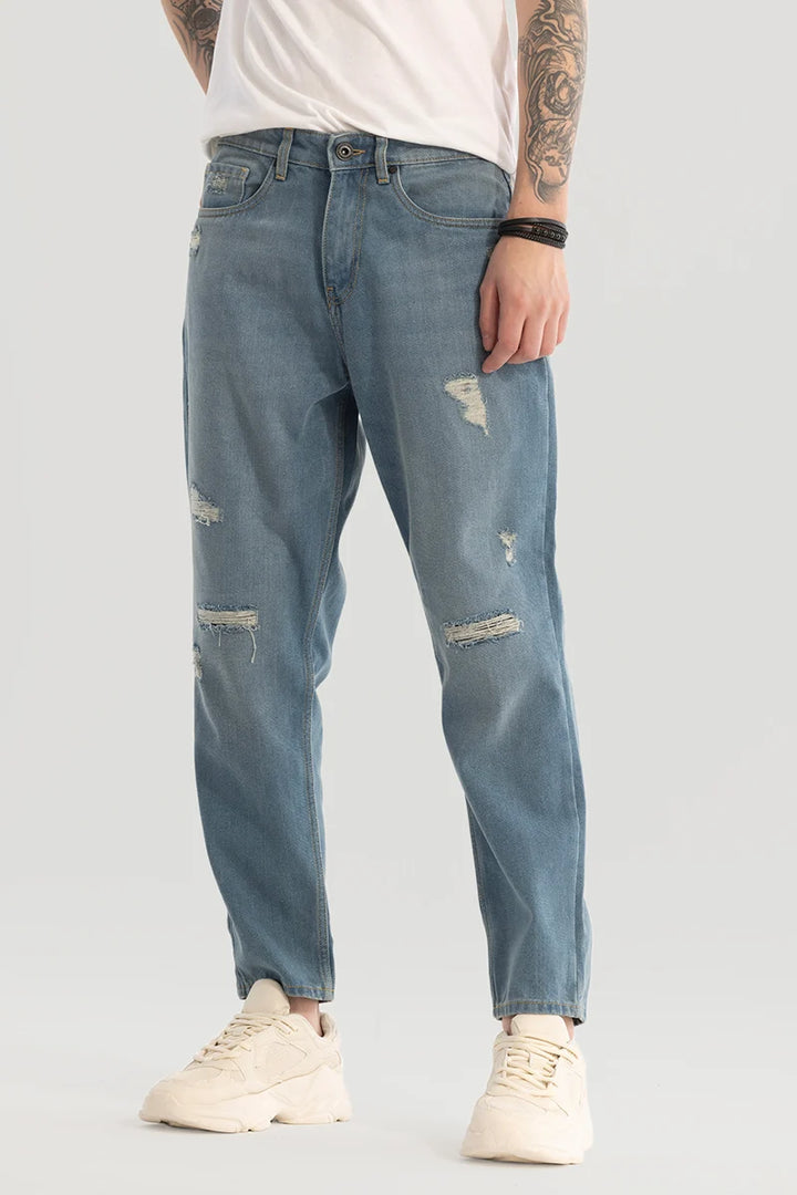 Blue Distressed Baggy Fit Jeans