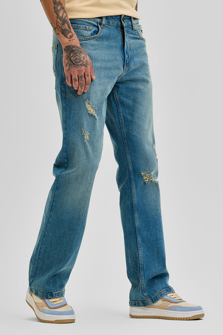 Blue Distressed Bootcut Jeans