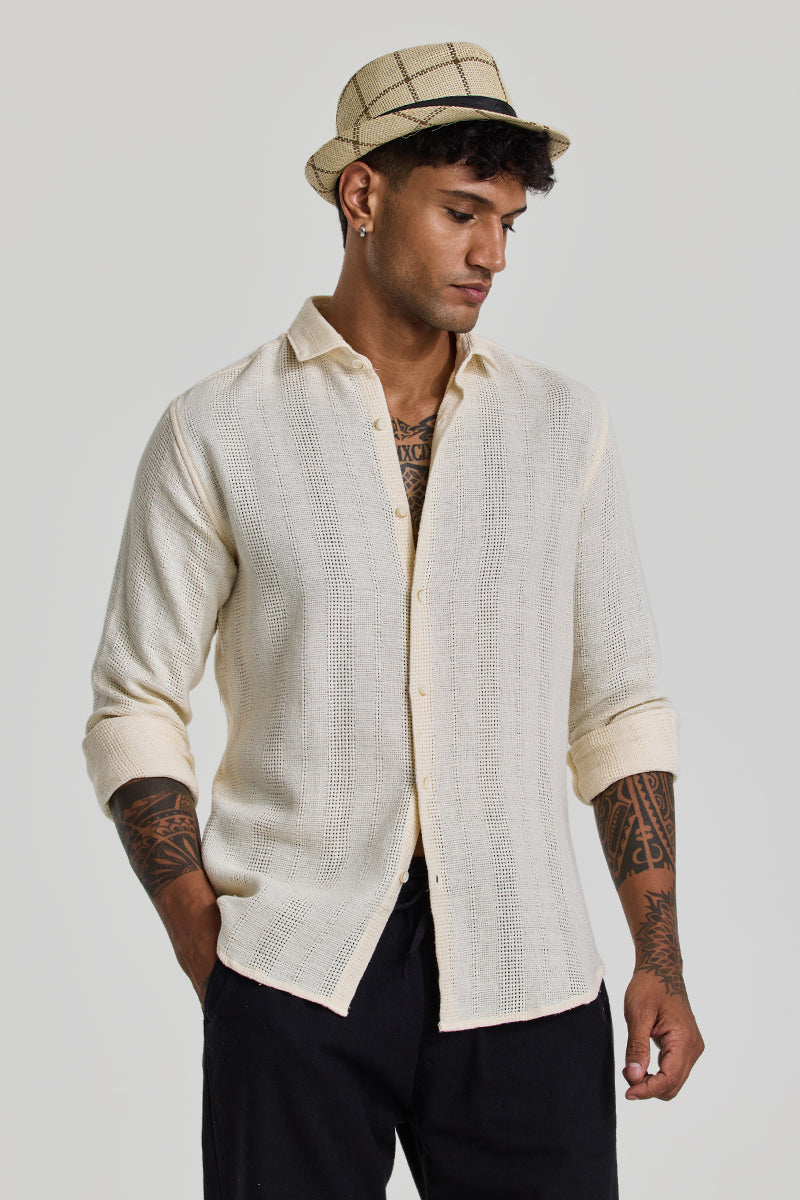 Cream Knitted Slim Fit Shirt