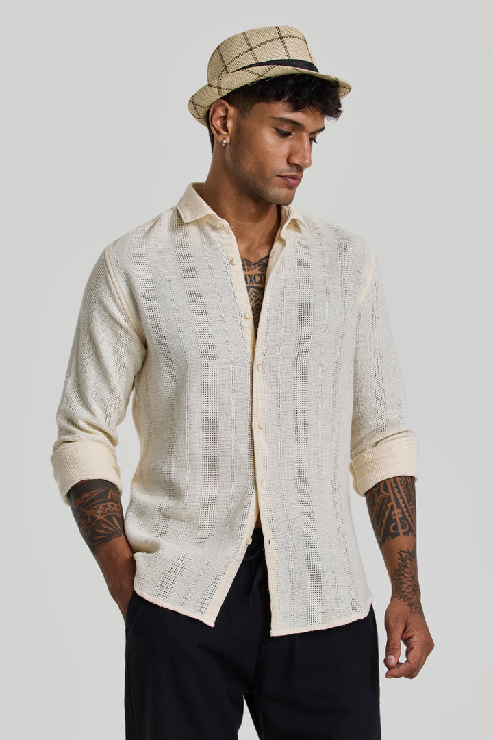 Cream Knitted Slim Fit Shirt