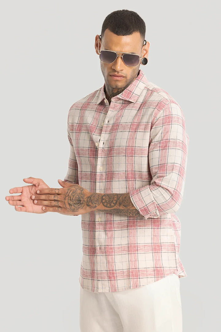 Red Linen Blend Checks Shirt