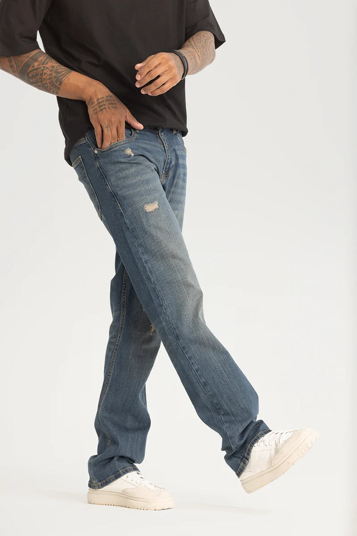 Dark Blue Distressed Straight Fit Jeans