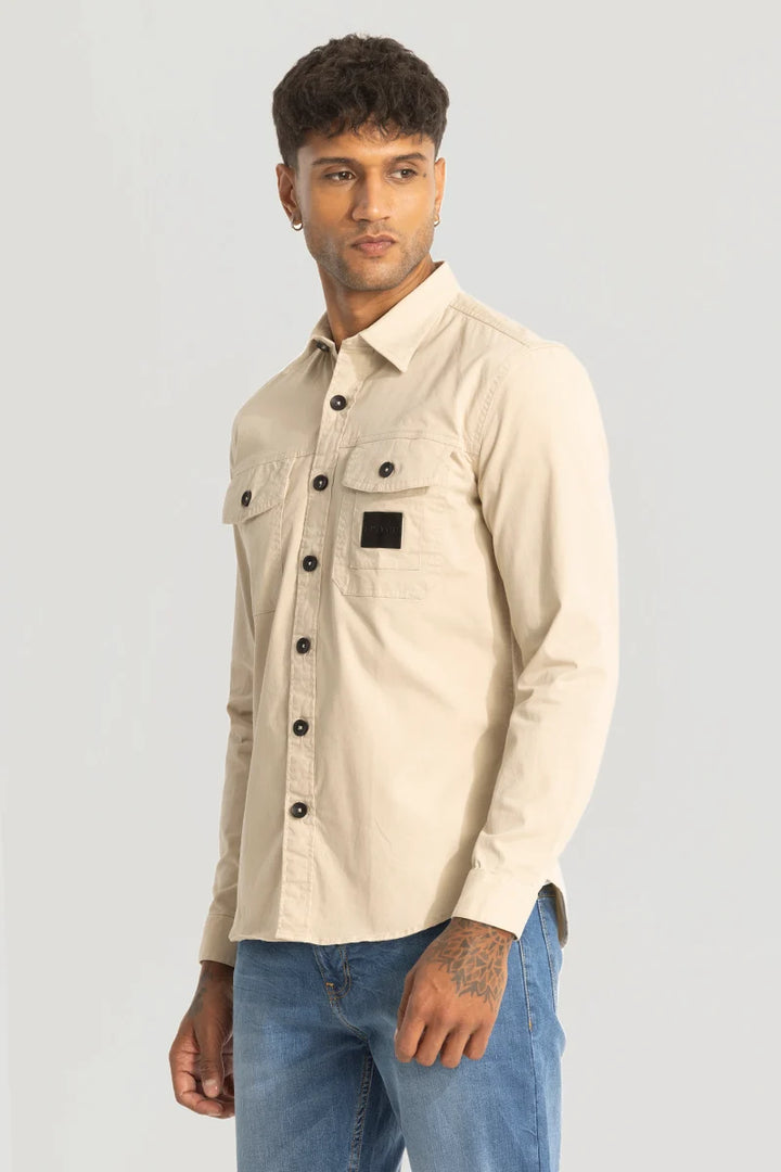 Beige Double Pocket Slim Fit Shirt