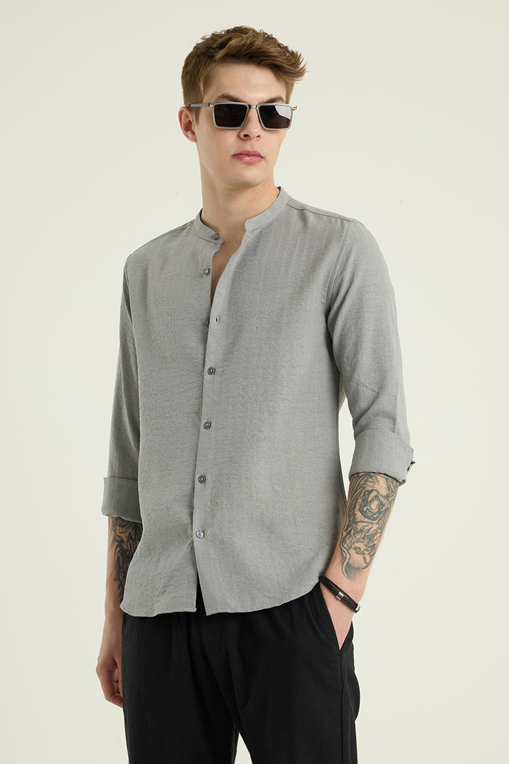 Light Grey Mandarin Self Stripe Shirt