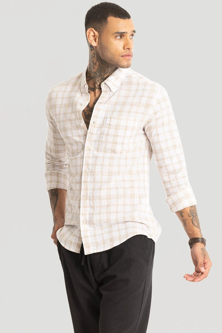 Beige Checks Linen Blend Shirt