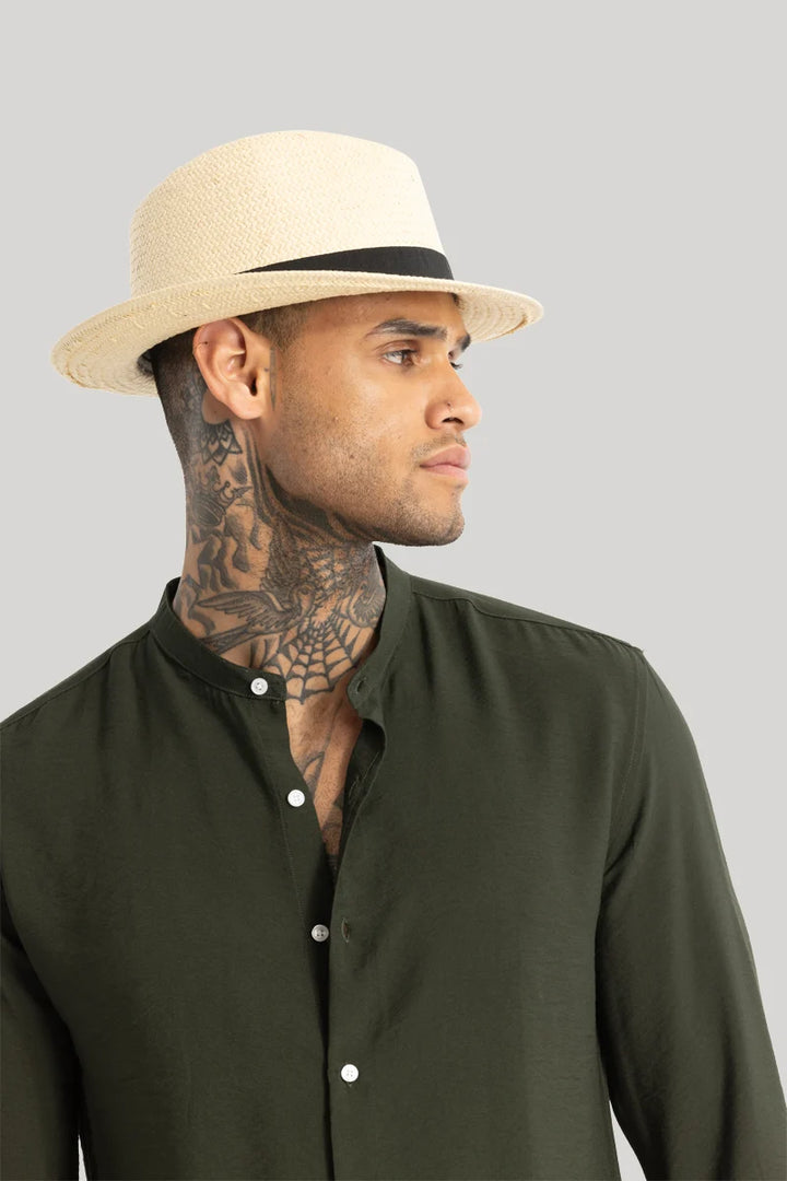 Olive Crushed Mandarin Collar Shirt