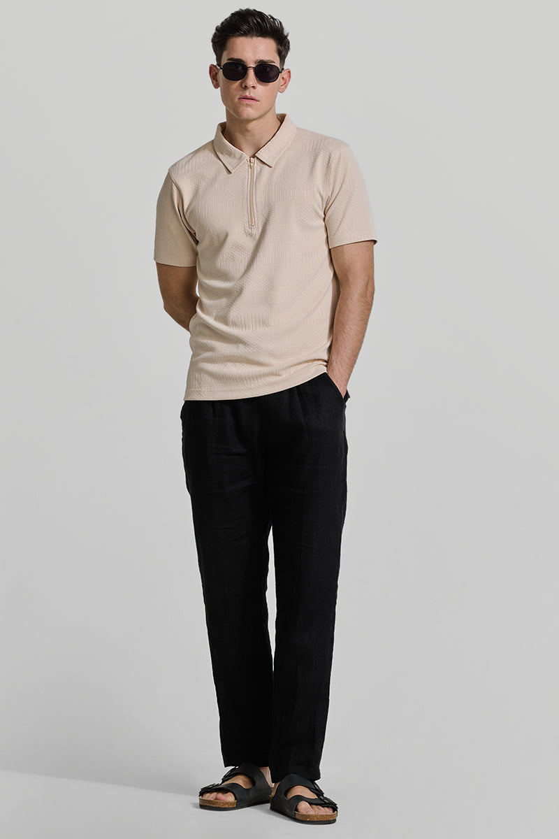 Beige Zipper Textured Polo T-Shirt