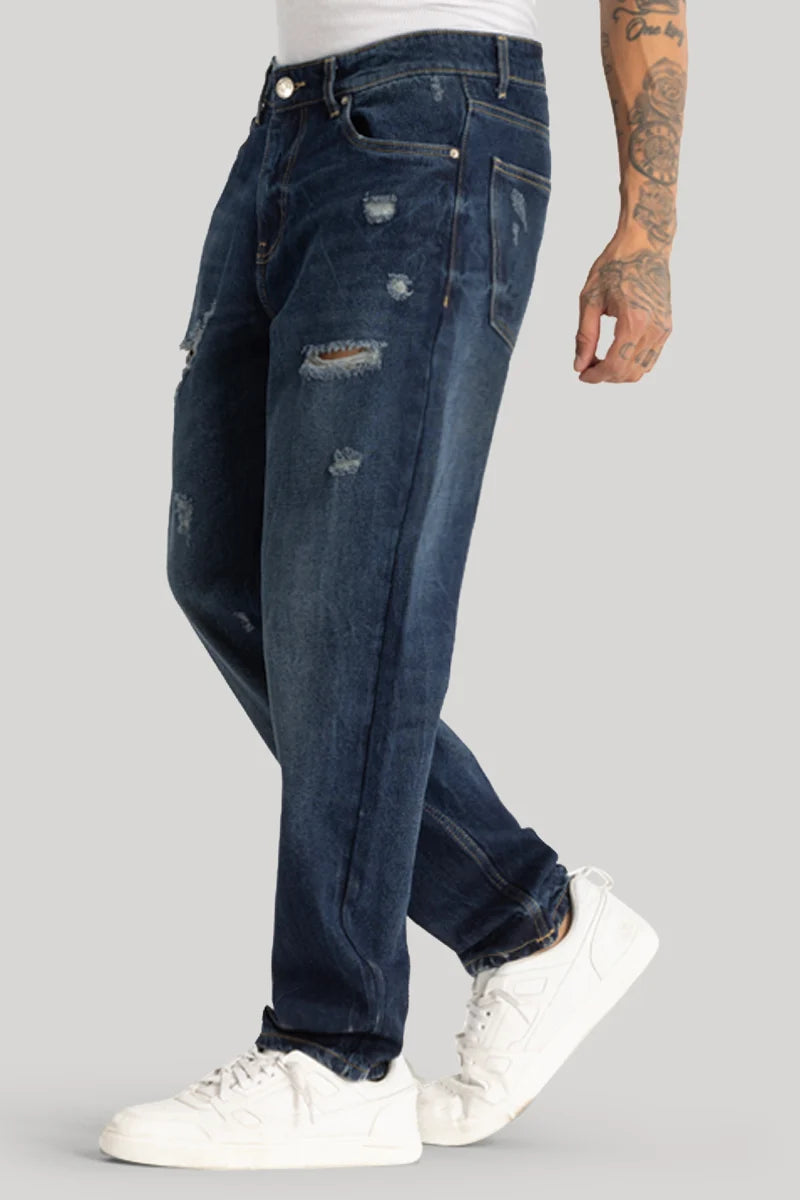 Navy Distressed Relaxed Fit Jeans