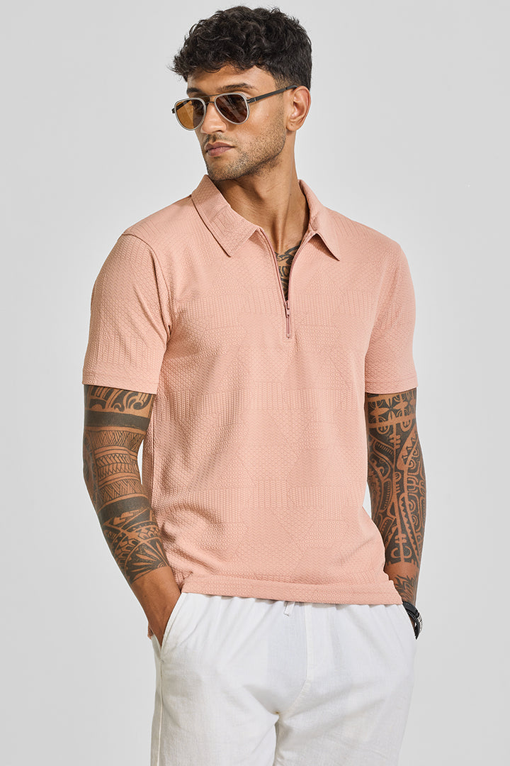 Peach Zipper Textured Polo T-Shirt