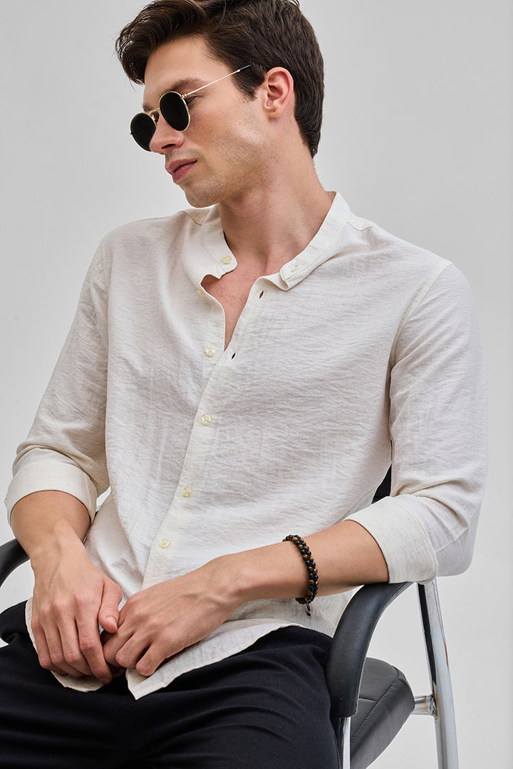 Cream Mandarin Linen Blend Shirt