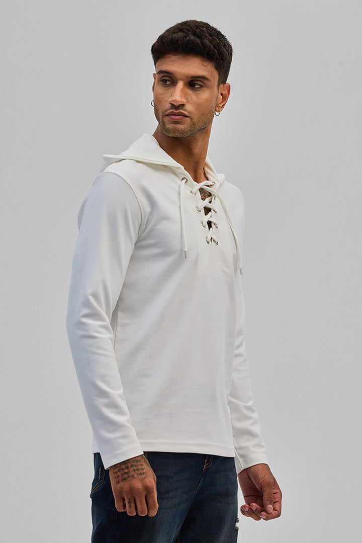 White Lace-Up Textured Hoodie