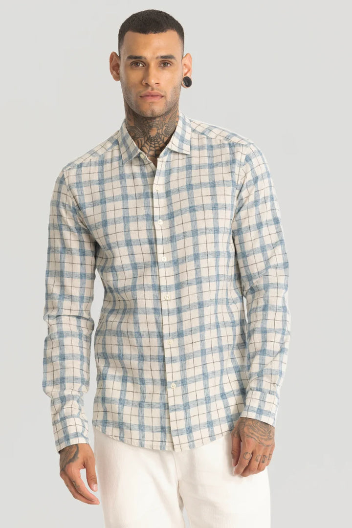 Light Blue Linen Blend Checks Shirt