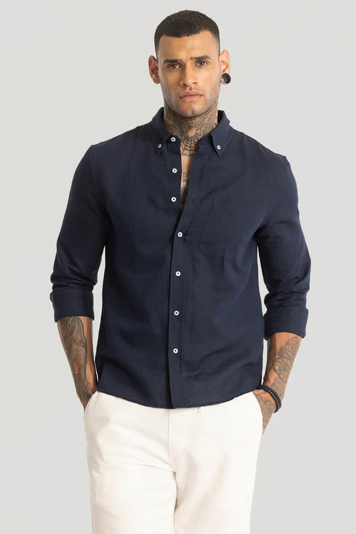 Navy Linen Blend Shirt