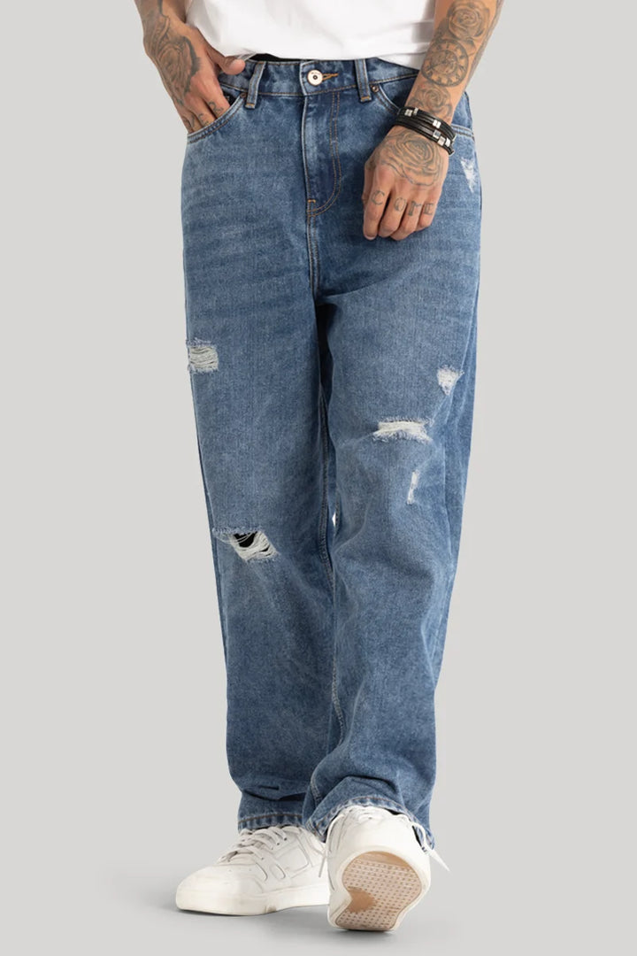 Blue Distressed Loose Fit Jeans