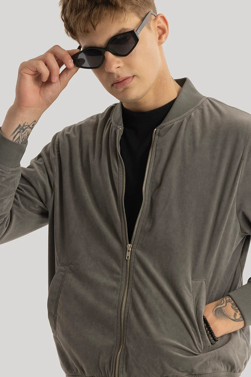 SleekSuede Grey Plain Bomber Jacket