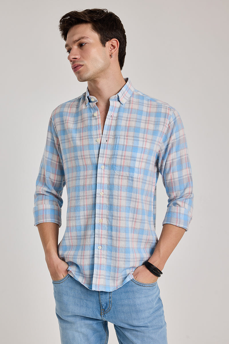 Light Blue Checks Linen Blend Shirt