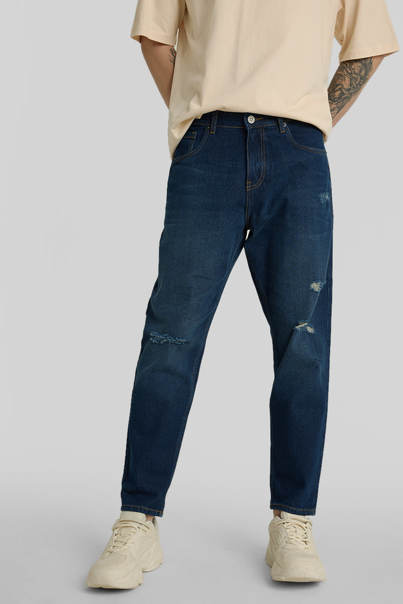 Dark Blue Distressed Baggy Fit Jeans