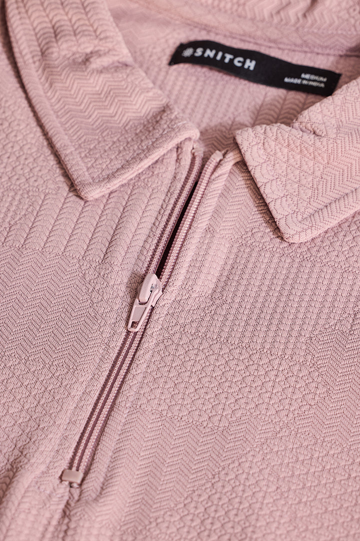 Light Pink Zipper Textured Polo T-Shirt