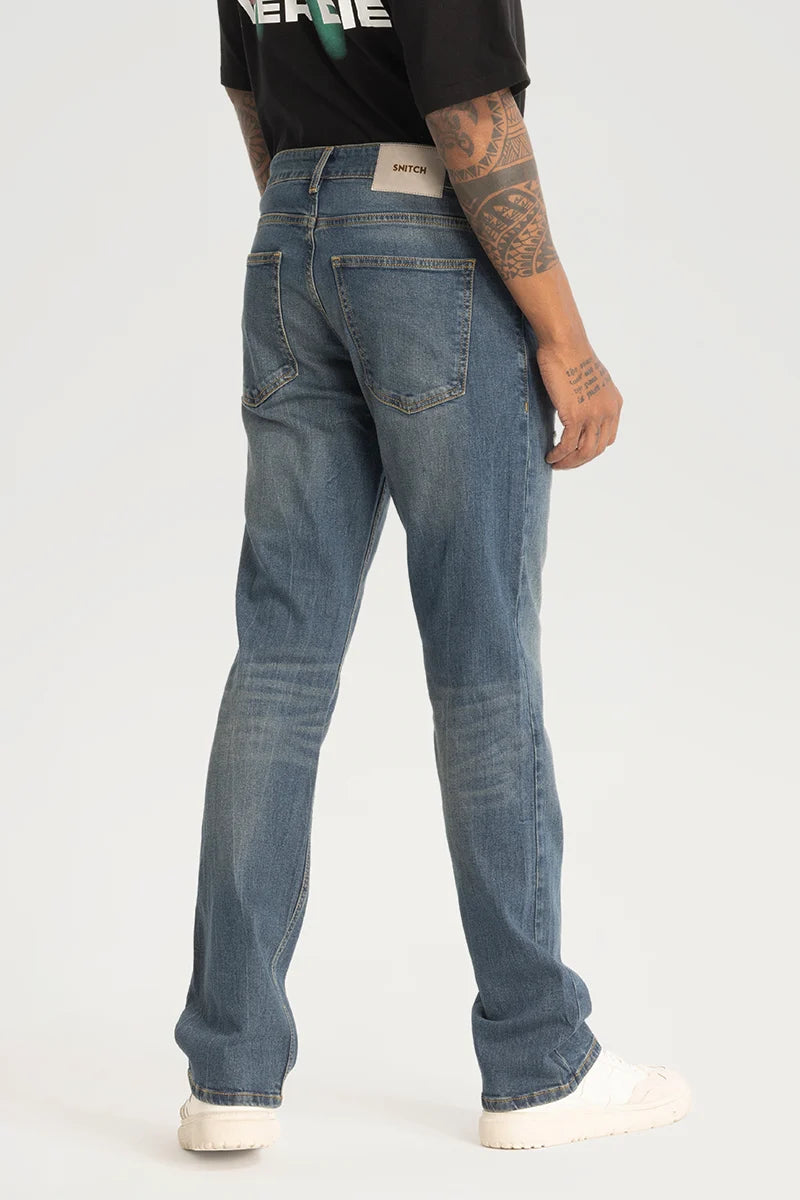 Dark Blue Distressed Straight Fit Jeans