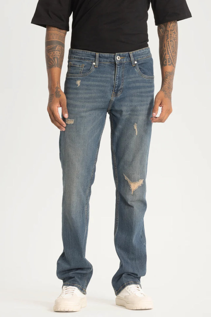 Dark Blue Distressed Straight Fit Jeans