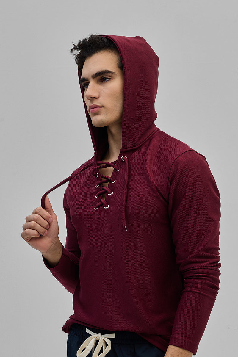 Maroon Lace-Up Textured Hoodie