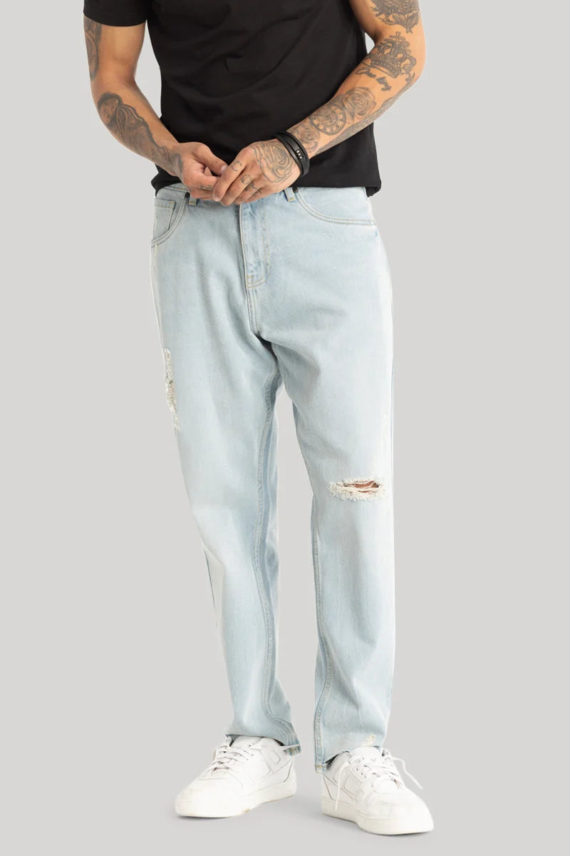 Sky Blue Distressed Baggy Fit Jeans