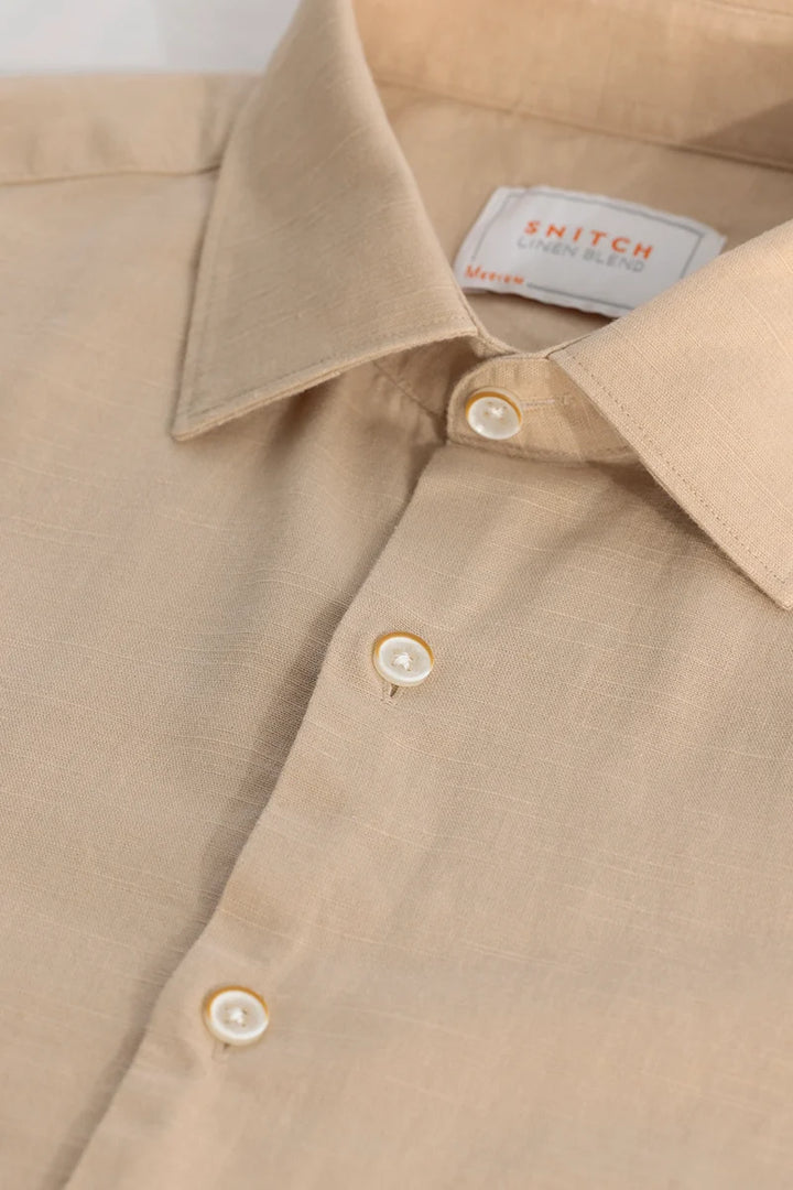 Beige Plain Linen Blend Shirt