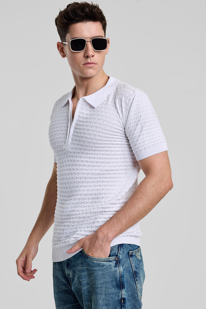 White Zipper Knitted Polo T-Shirt