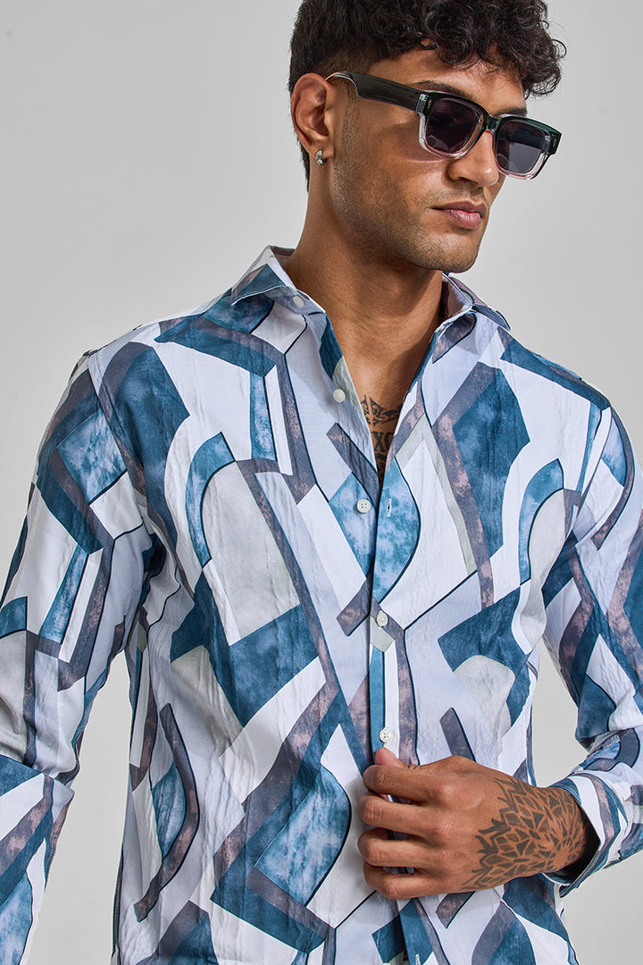 Teal Abstract Slim Fit Shirt