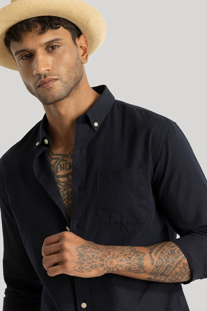 Henri Navy Plain Linen Blend Shirt