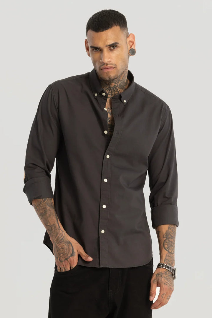 Charcoal Grey Elbow Patch Oxford Shirt