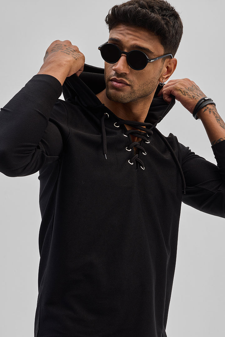 Black Lace-Up Textured Hoodie