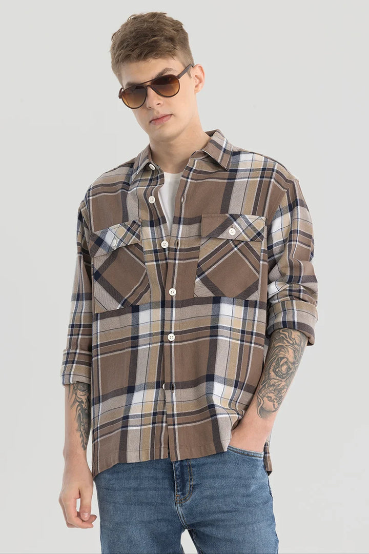 Brown Double Pocket Checks Shirt