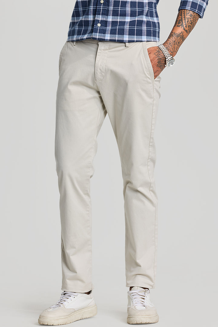 Cream Zipper Pocket Slim Fit Chinos