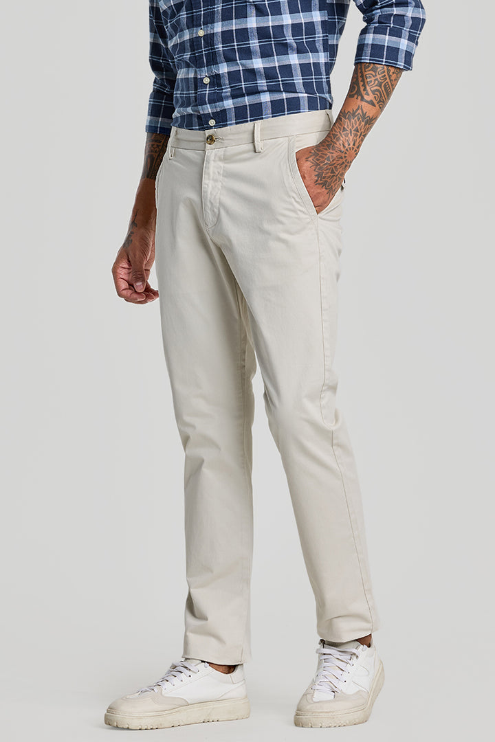 Cream Zipper Pocket Slim Fit Chinos