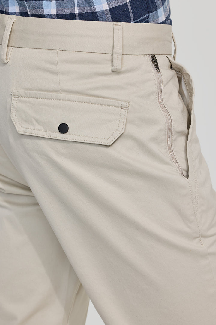 Cream Zipper Pocket Slim Fit Chinos