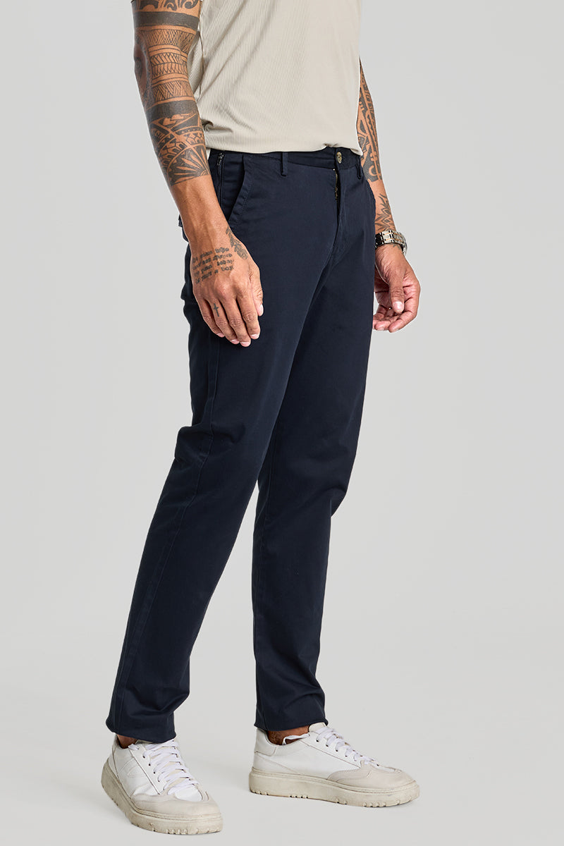 Navy Zipper Pocket Slim Fit Chinos