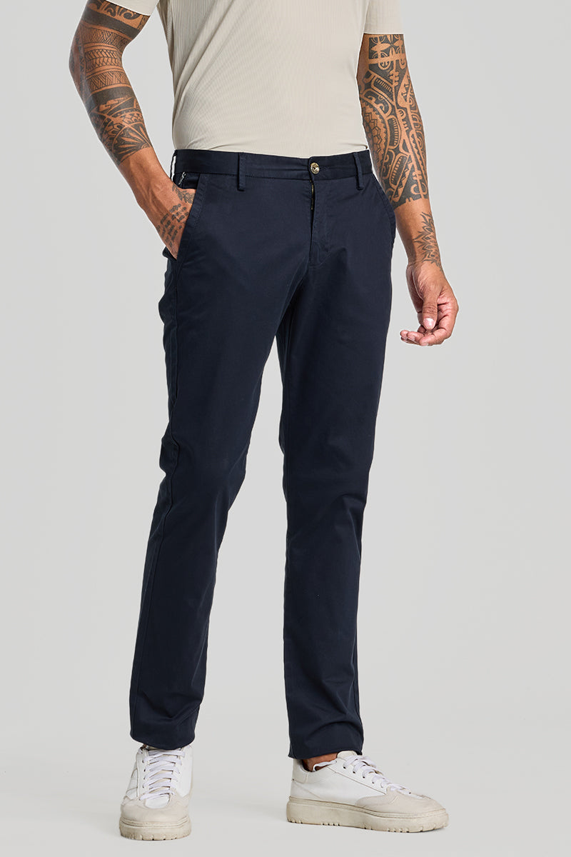 Navy Zipper Pocket Slim Fit Chinos