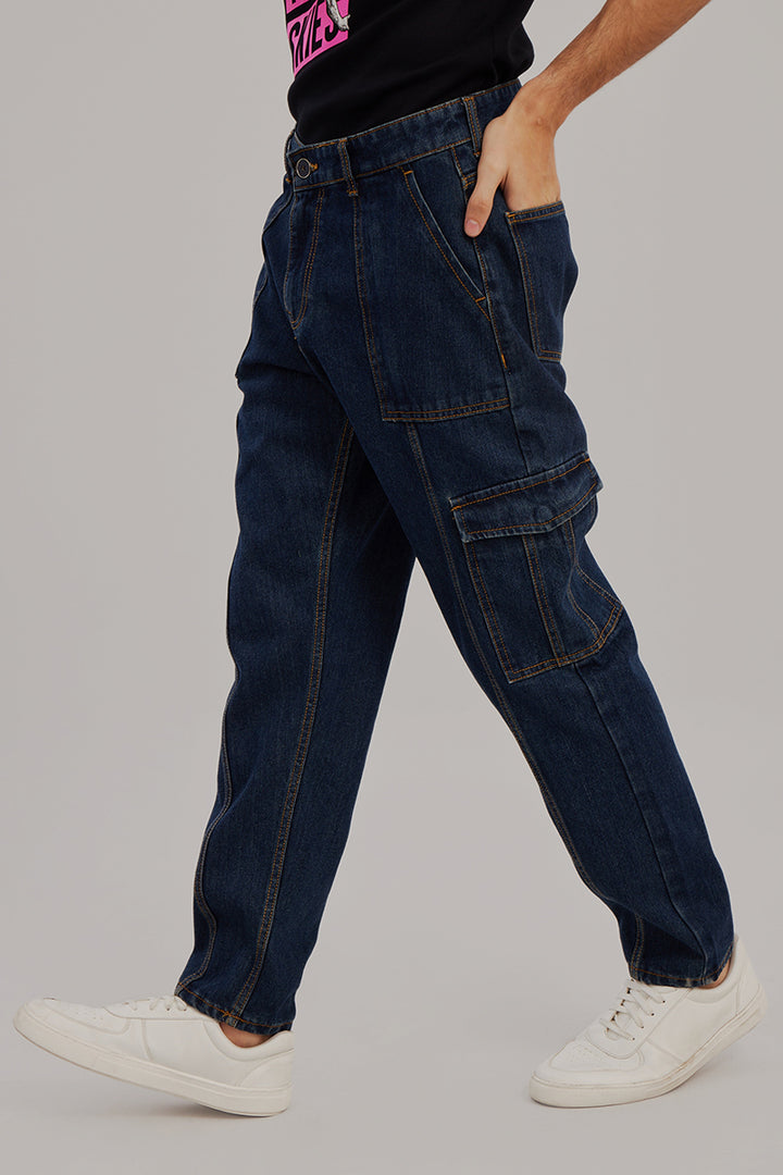 Buy Men's Hip Hop Dark Blue Baggy Cargo Jeans Online | SNITCH