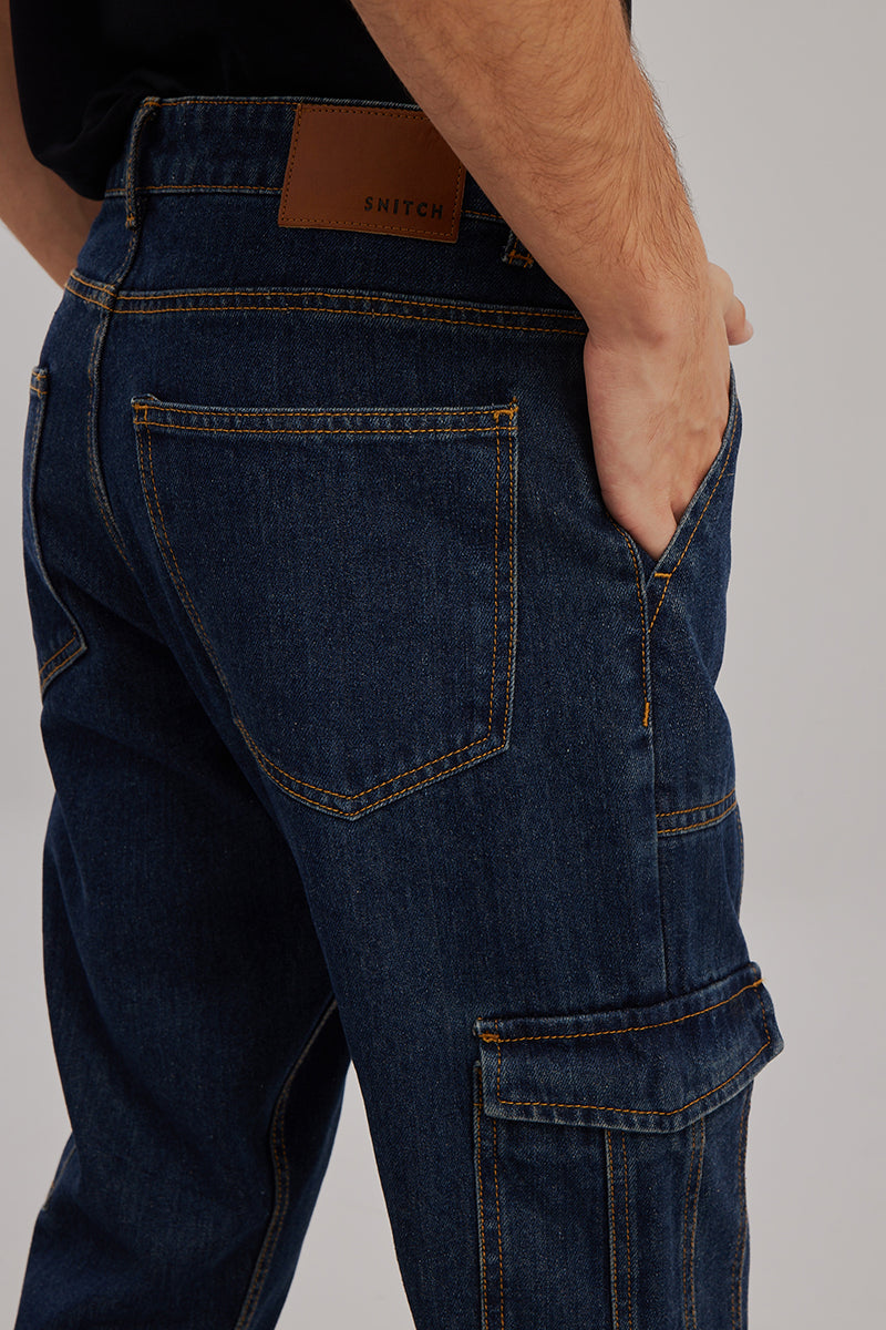 Buy Men's Hip Hop Dark Blue Baggy Cargo Jeans Online | SNITCH