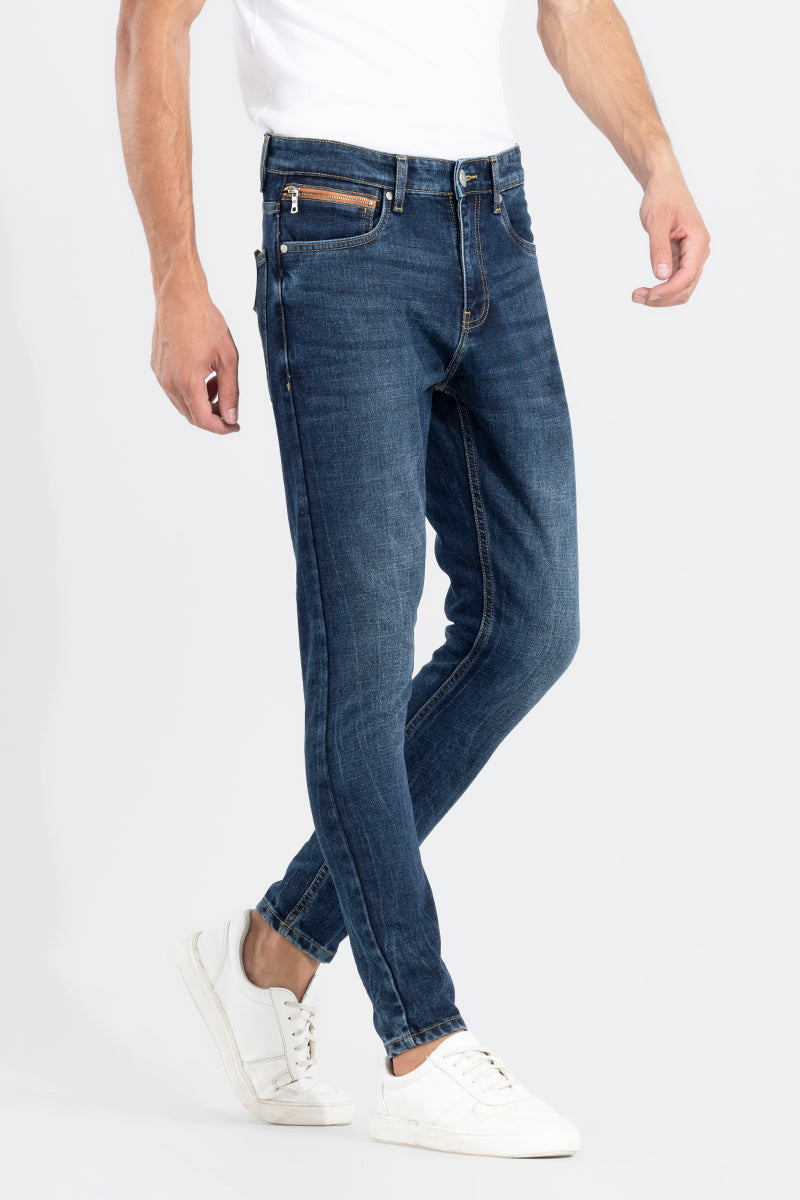 Buy Men's Zipper Pocket Mid Blue Skinny Jeans Online | SNITCH