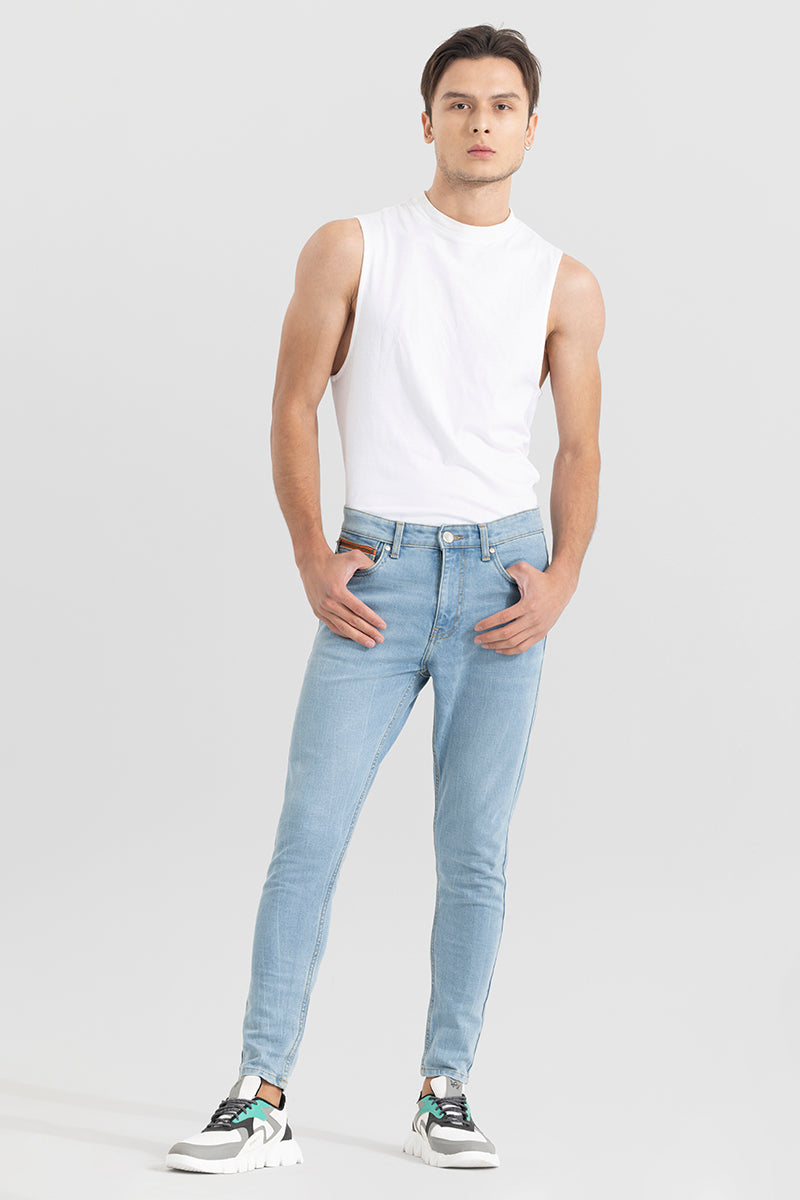 Zipper Pocket Whiskered Blue Skinny Jeans