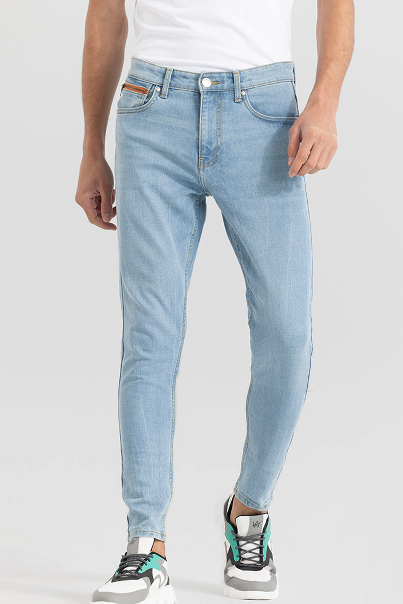 Zipper Pocket Whiskered Blue Skinny Jeans